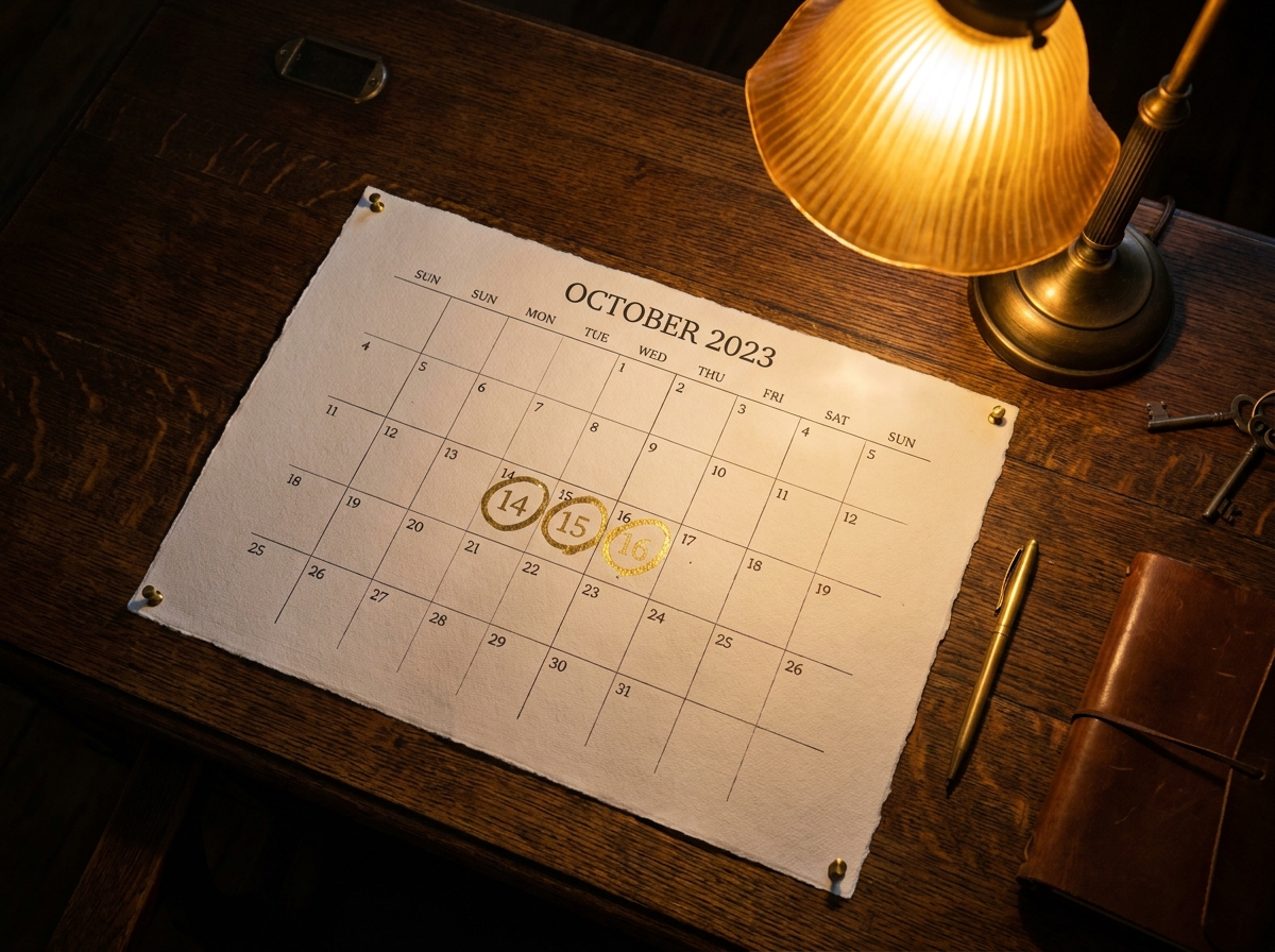 Cinematic overhead shot of a hotel lobby calendar pinned to a dark wood desk, certain days highlighted in gold, warm amber lamp light, sharp editorial focus, no people
