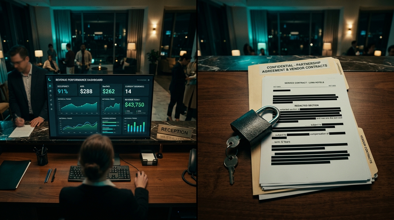 Cinematic overhead shot of a hotel front desk at night, split-screen — one side showing a clean modern revenue dashboard, the other showing a locked padlock and redacted contract documents, moody teal and amber lighting, photorealistic, ultra-detailed
