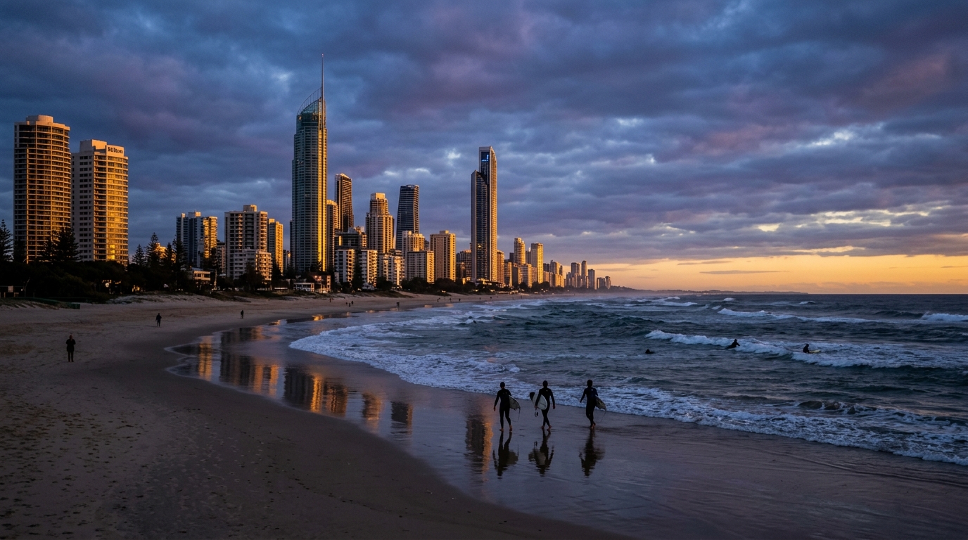 Cinematic wide shot of Surfers Paradise beach at dusk in winter, golden amber light hitting the high-rise towers, near-empty beach with a few surfers, moody blue-purple sky, ultra-detailed photorealistic, luxury travel editorial style