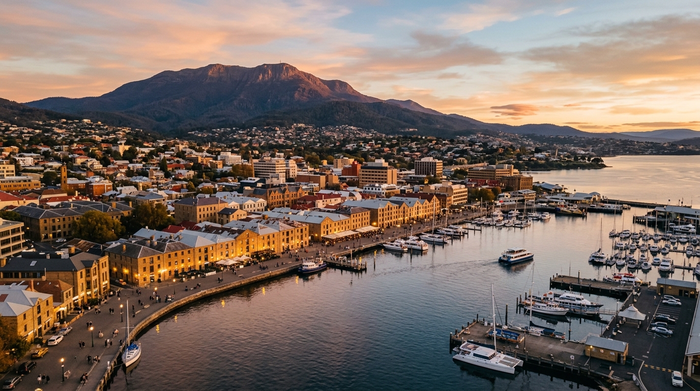 Cinematic aerial shot of Hobart waterfront at golden hour, Salamanca Place buildings glowing, Mount Wellington visible behind the city, editorial wide angle photorealistic warm tones Tasmania