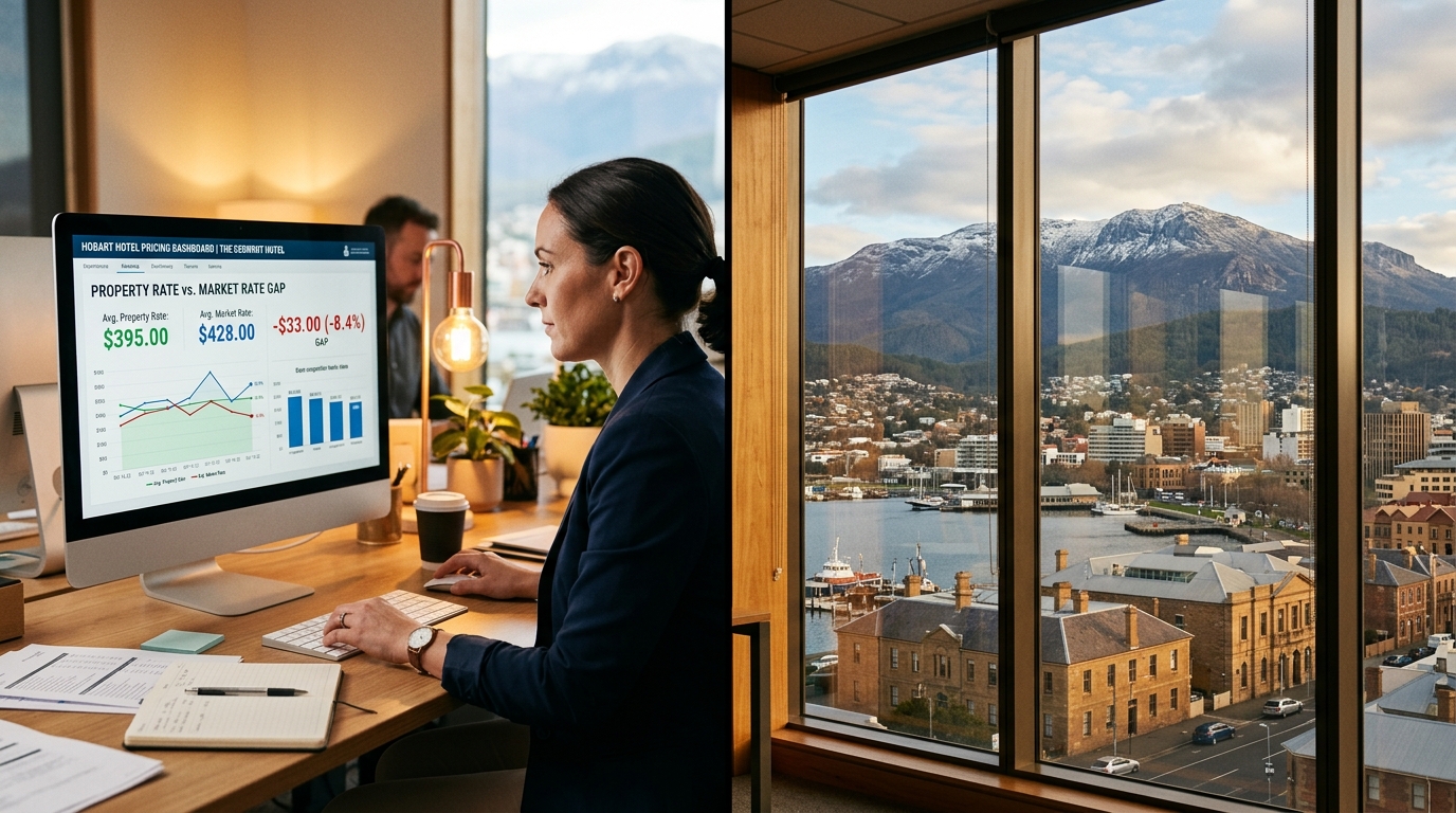 Cinematic split screen editorial — Hobart hotel pricing dashboard showing property rate vs market rate gap, warm office light, data visible on screen, Mount Wellington through window