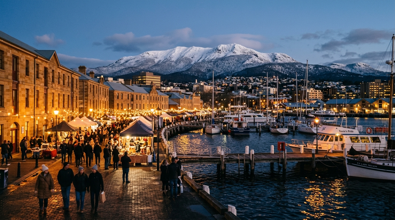Cinematic shot of Hobart waterfront on a crisp winter evening, Salamanca Market lights glowing, Mount Wellington snow-capped in background, editorial photorealistic warm amber tones
