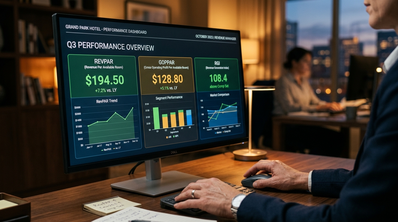 editorial close-up of a hotel revenue manager reviewing a performance dashboard with RevPAR, GOPPAR and RGI metrics on screen, warm amber lighting, professional focus, no faces