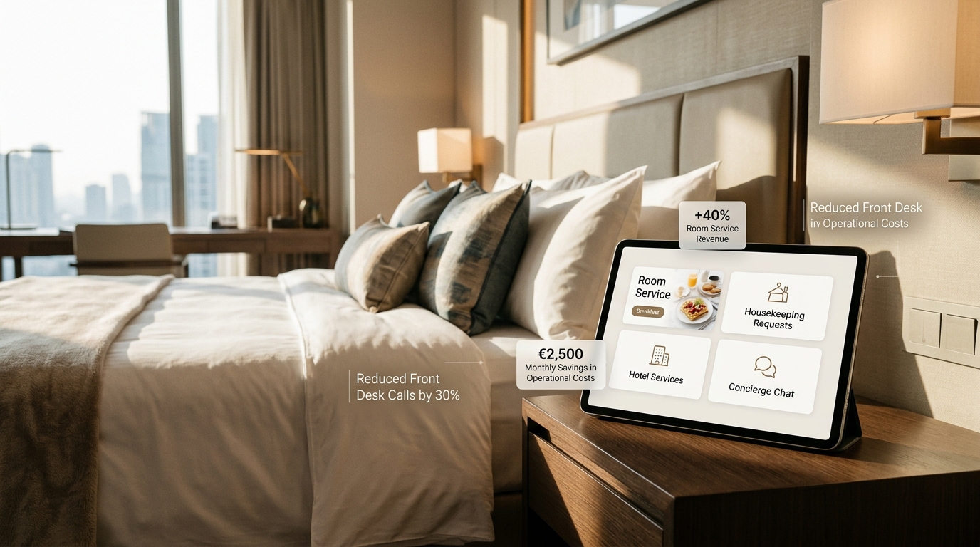 a premium editorial hero image for an article about SuitePad hotel ROI and in-room tablet revenue technology. Show a modern upscale hotel room with a guest-facing tablet on the bedside table displaying simple hotel service options like room service, breakfast upsell, housekeeping skip option, and gu