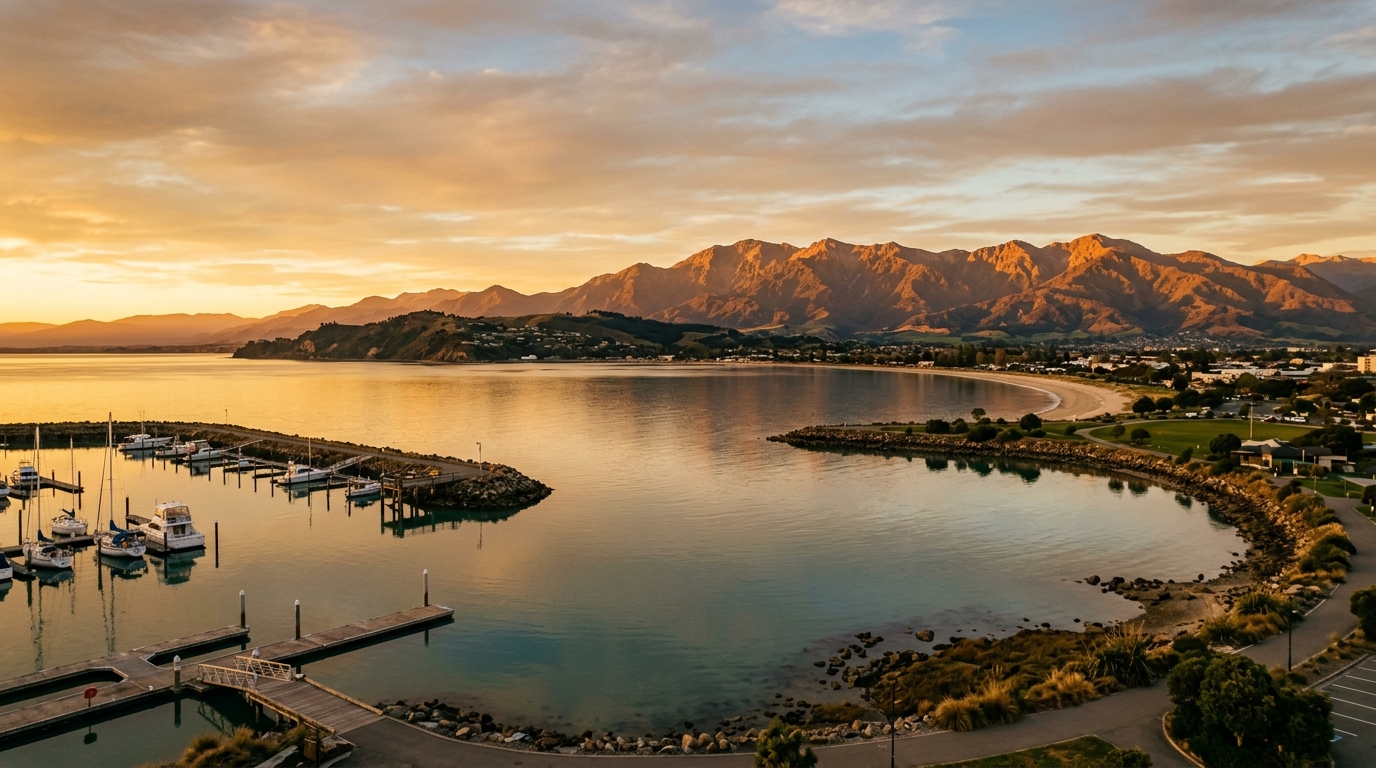 Cinematic wide-angle editorial shot of Nelson Haven waterfront at late afternoon golden hour, Tahunanui beach visible in distance, dramatic Nelson mountains backdrop, warm amber tones, no people, travel photography style