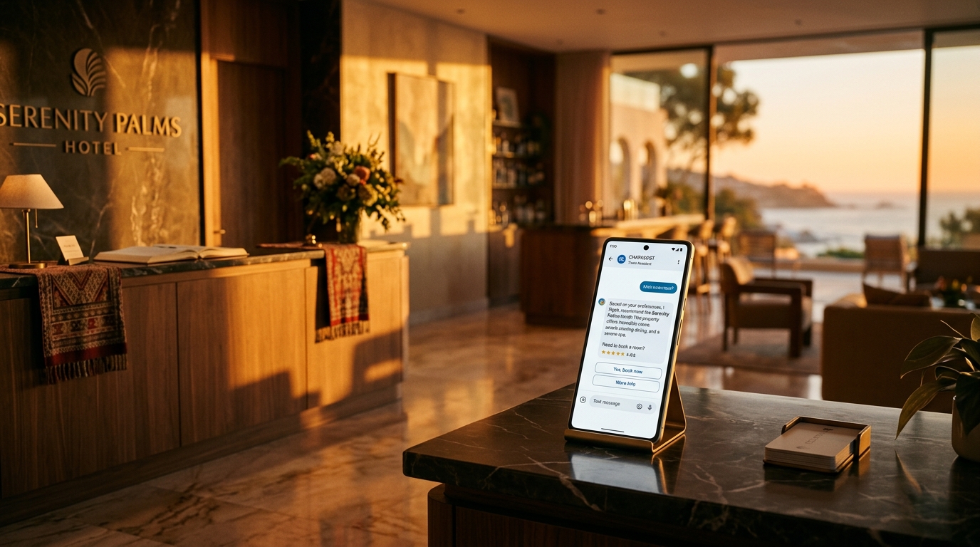 Cinematic editorial shot of a hotel reception desk at golden hour with a smartphone showing an AI chat assistant recommending the property, warm amber light, shallow depth of field, no people, travel photography style