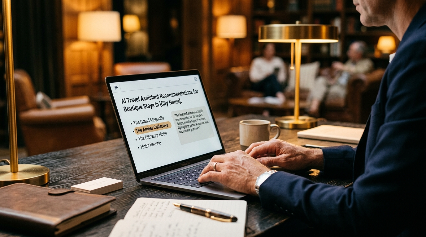 Cinematic editorial shot of a hotelier at a desk reviewing an AI assistant naming their property among recommendations, warm amber light, shallow depth of field, no faces, travel photography style