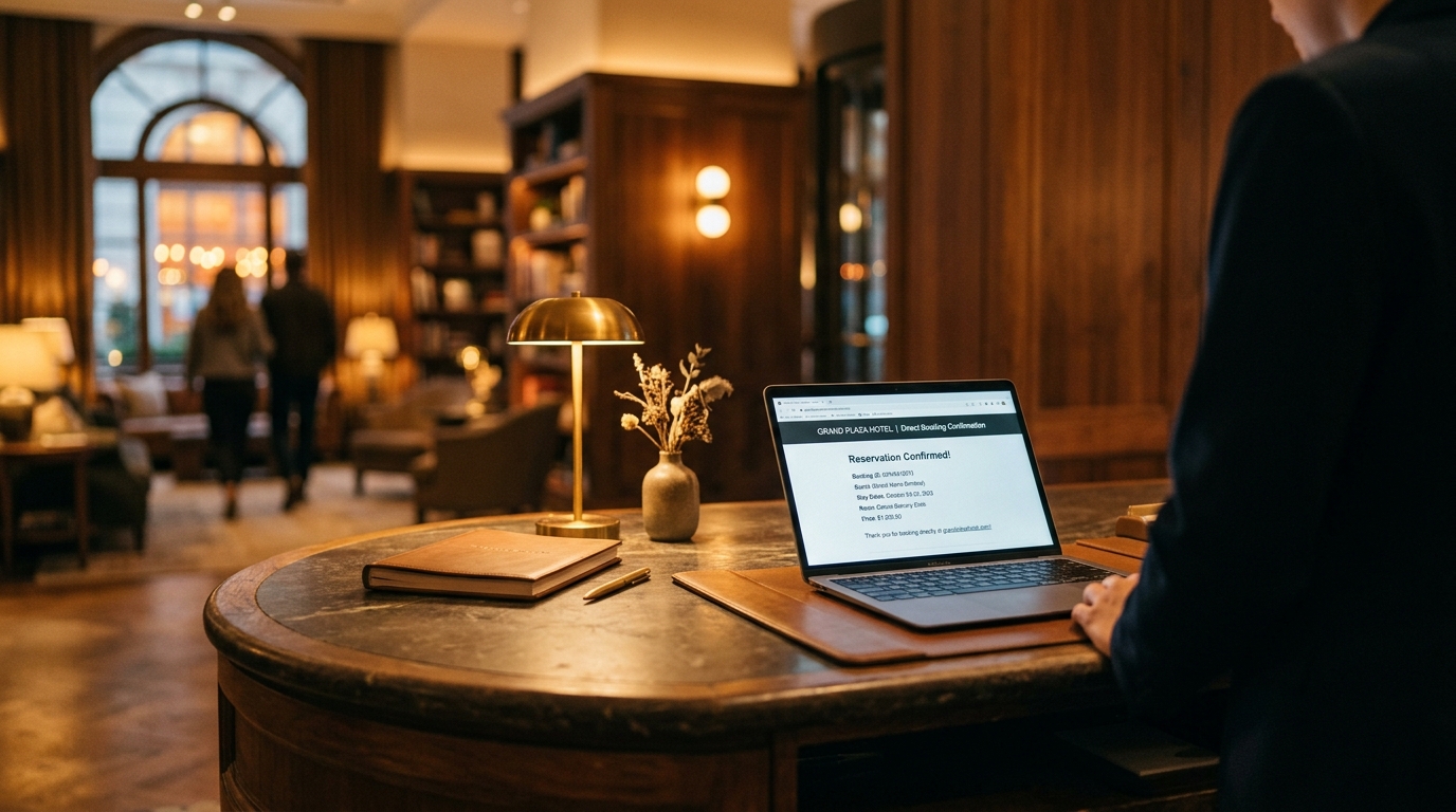 Cinematic editorial shot of a hotel front desk with a laptop showing a direct booking confirmation, warm amber light, calm tones, no faces, travel photography style