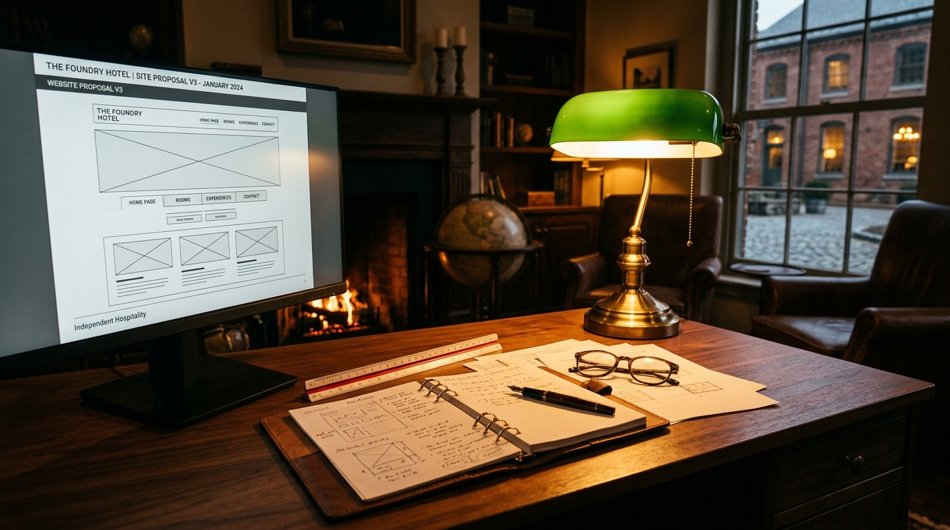 Cinematic editorial shot of an independent hotelier reviewing a website design proposal at a desk, warm amber light, no people, hospitality photography
