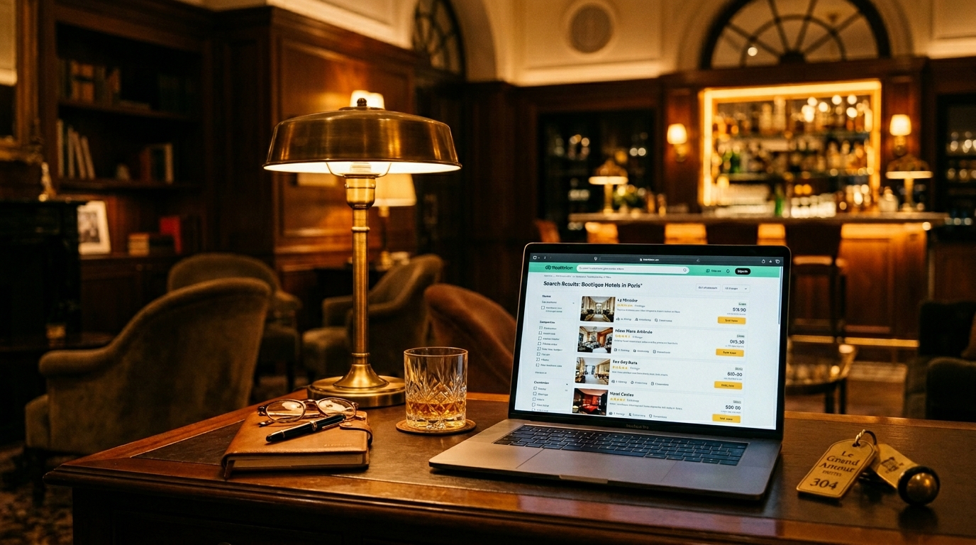 Cinematic editorial shot of a hotelier looking at search results on a laptop showing competitors but not their hotel, warm amber light, no people, hospitality photography