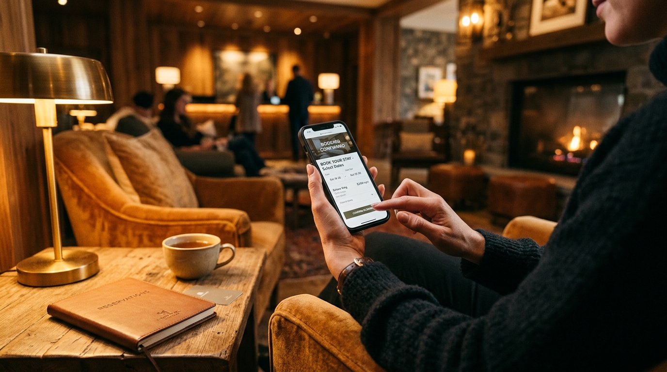 Cinematic editorial shot of a guest booking a hotel directly on a phone, warm amber light, no faces, hospitality photography