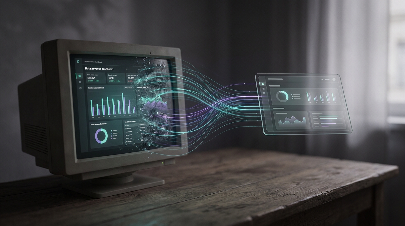 Dark editorial composition of a hotel revenue dashboard dissolving into a single unified platform interface, teal and purple data lines converging, calm and atmospheric, no logos, no text