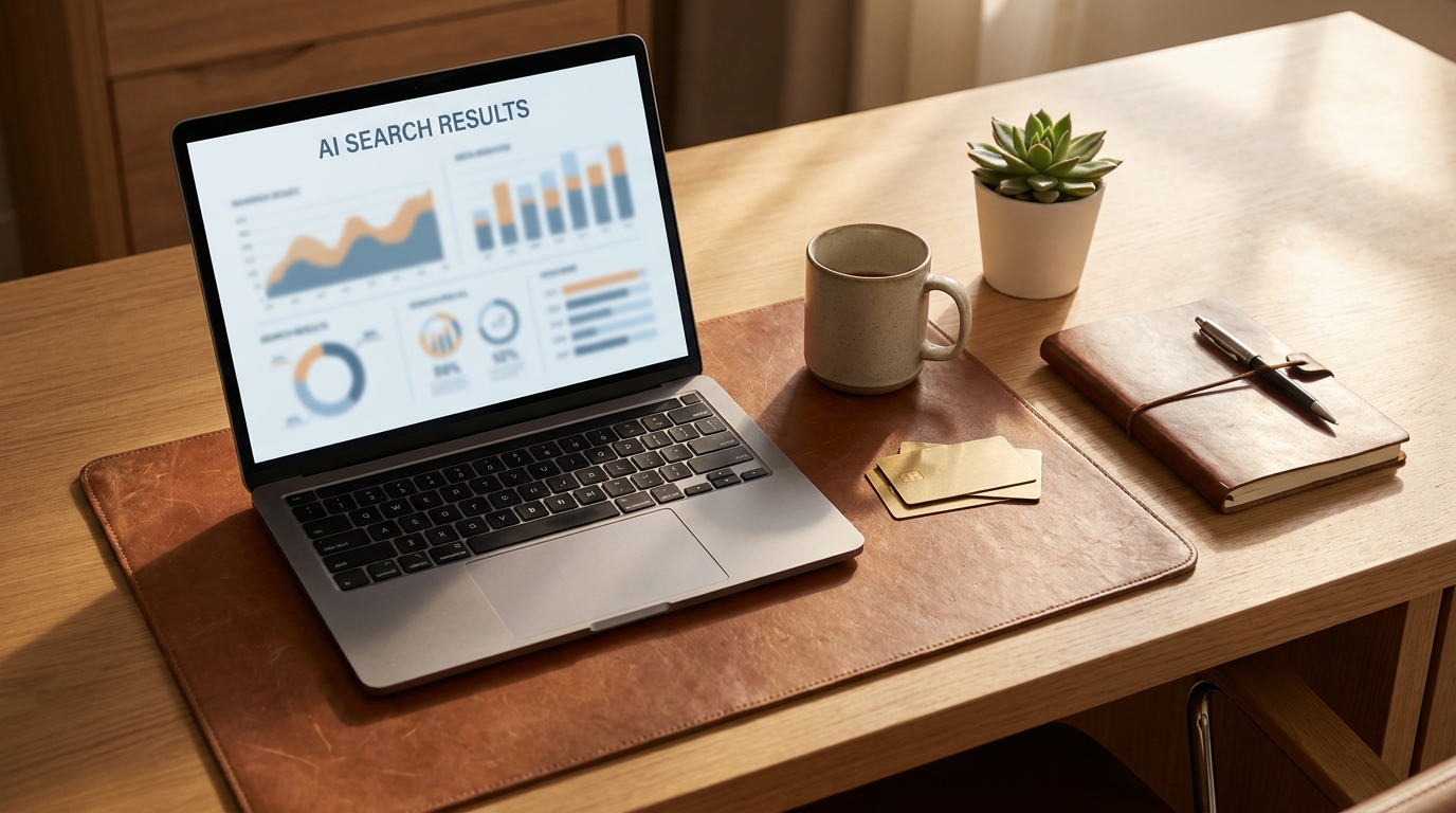 Editorial flat-lay of a hotel reception desk with a laptop showing an AI search results dashboard, warm light, calm and professional, no logos, no text
