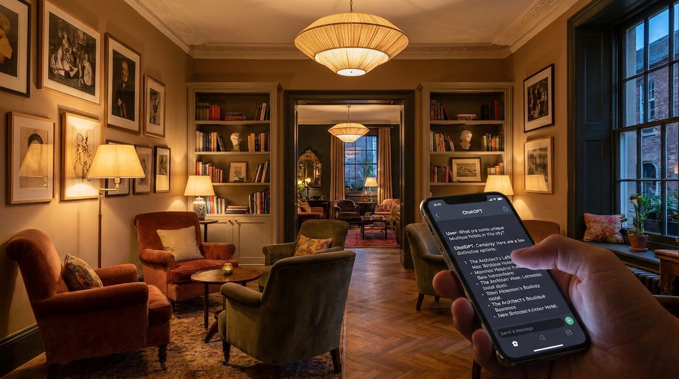 Boutique hotel lobby with warm lighting and distinctive design shown alongside a phone screen displaying ChatGPT answering a traveller query about boutique hotels in the city