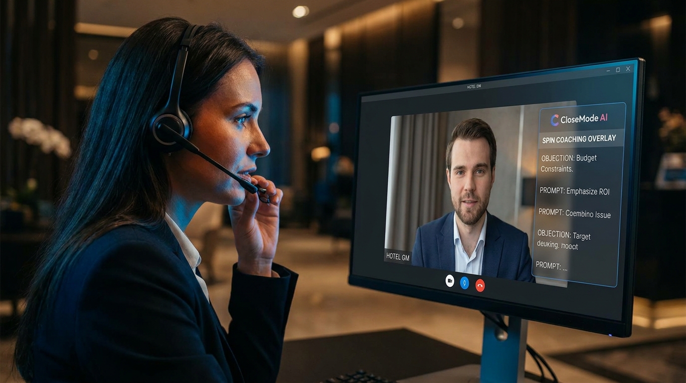 Hotel tech SDR on a live call with a real-time SPIN coaching overlay on screen, showing CloseMode AI prompting objection responses during a conversation with a hotel GM