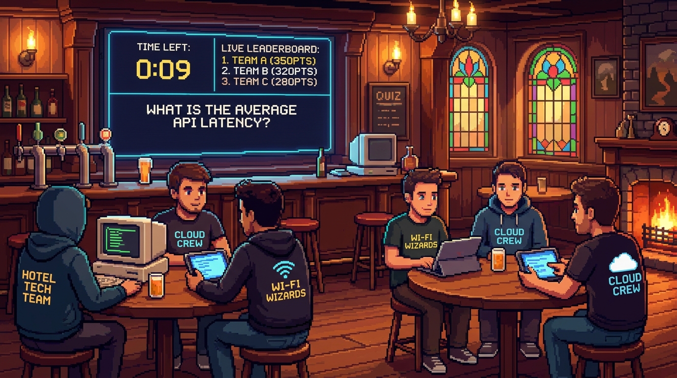 Pixel art pub world showing hotel tech team avatars sitting at bar tables competing in a live quiz round with countdown timer and real-time leaderboard visible on screen