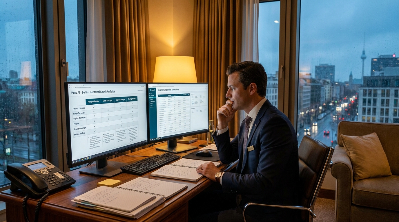A hotelier evaluating Peec AI, a Berlin-based horizontal AI search analytics platform, against hospitality-specialist alternatives — comparing prompt libraries, comp-set logic, engine coverage and pricing for hotels