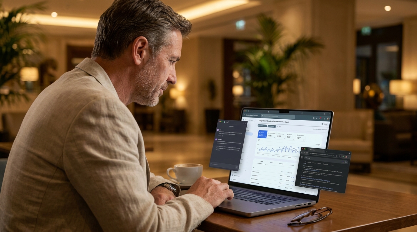 Hotel owner viewing Google Search Console AI performance report on laptop, with ChatGPT and Perplexity AI assistant interfaces on screen