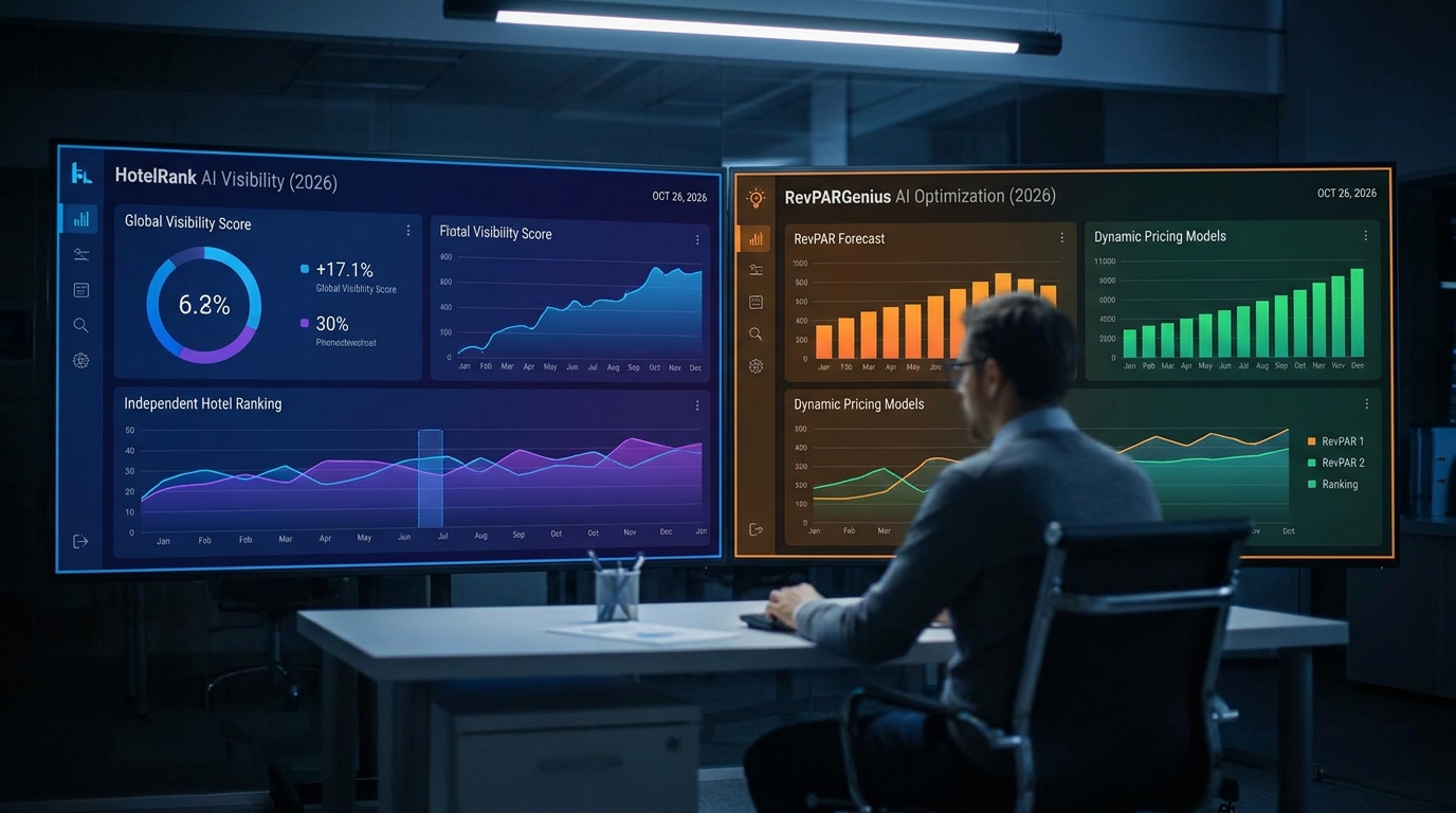 Side-by-side comparison dashboard of HotelRank and RevPARGenius hotel AI visibility tools for independent hotels in 2026