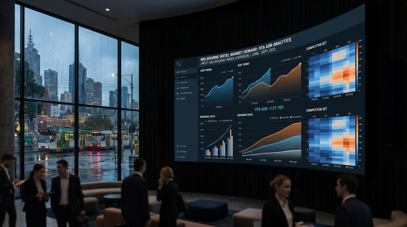 Melbourne hotel market demand dashboard showing OTA ADR data for West Melbourne inner corridor June to September 2026