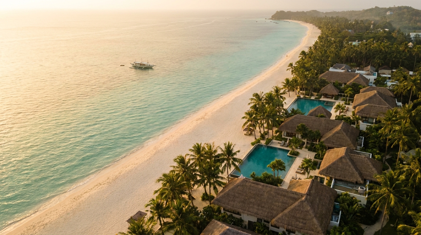 Cinematic aerial shot of White Beach Boracay at golden hour, turquoise water, powdery white sand, luxury beachfront resort visible, no people or faces, editorial travel photography