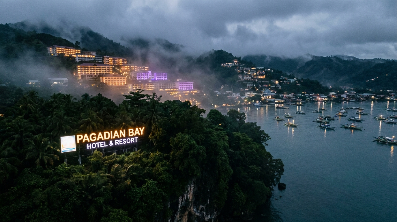Cinematic aerial dusk shot of Pagadian City bay with tiered hillside buildings lit amber and violet, mist over Illana Bay, foreground a hotel sign glowing against steep tropical slopes, moody hotel intelligence editorial