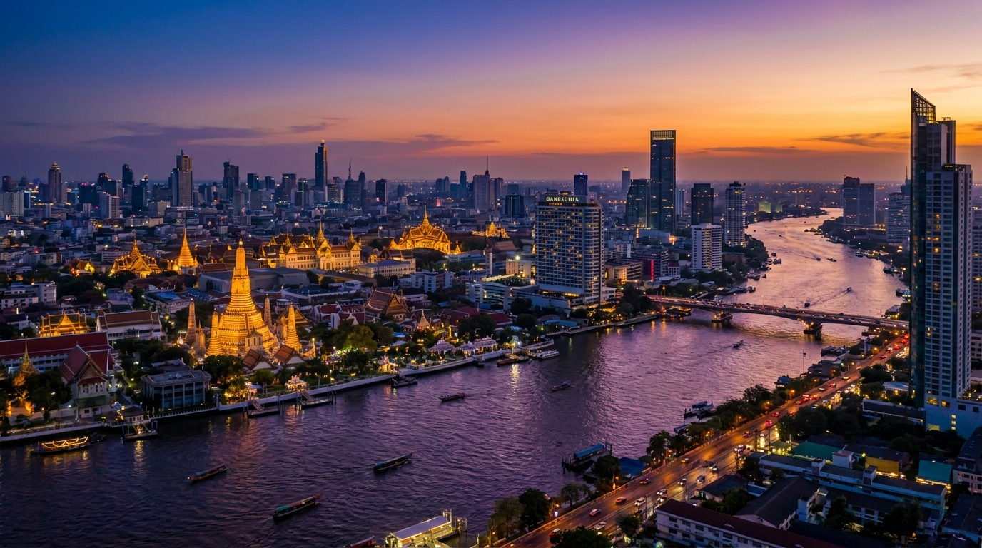 Cinematic aerial twilight view of Bangkok cityscape and Chao Phraya River with golden temple spires and hotel towers, purple and amber tones, ultra-realistic, no text