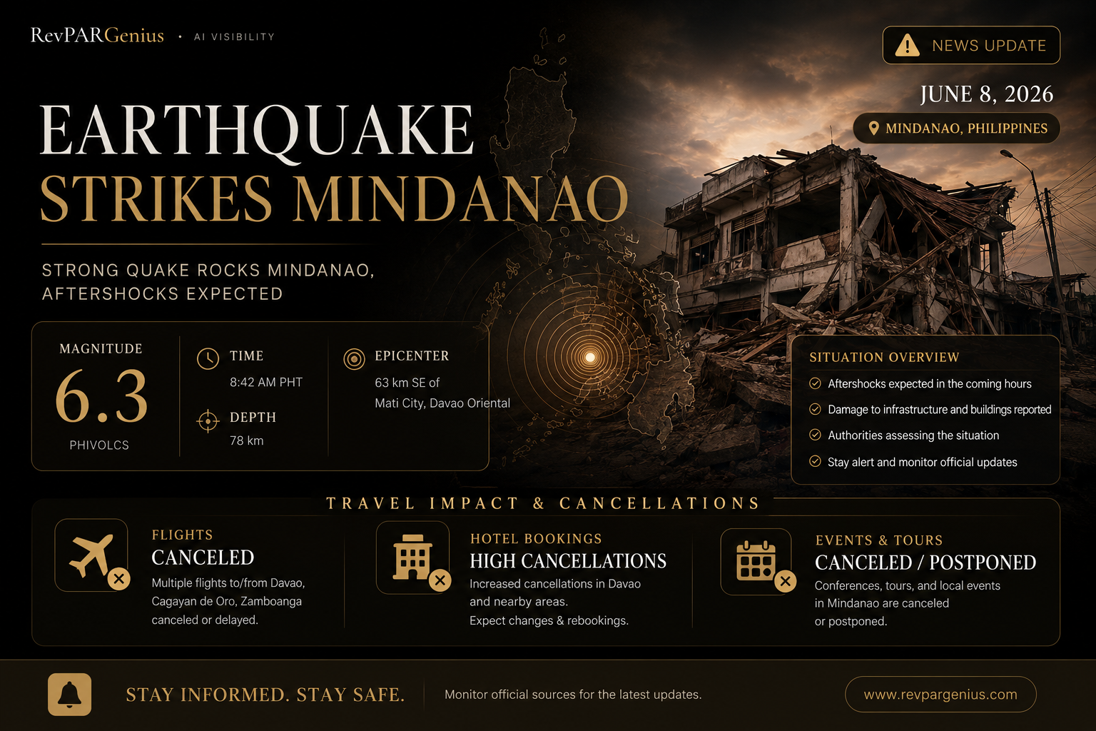 A magnitude 7.8 earthquake struck Sarangani Province, Mindanao on June 8, 2026 — the strongest in the Philippines since 1990. 17 flights canceled, tsunami warnings issued, 2 fatalities confirmed. RevPARGenius is collecting donations directly for victims with full receipt transparency.
