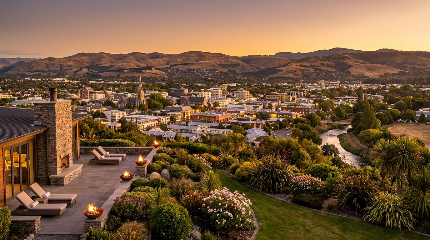 Cinematic view of Christchurch cityscape at golden hour with the Port Hills in the background, luxury garden accommodation in the foreground, New Zealand, ultra-realistic