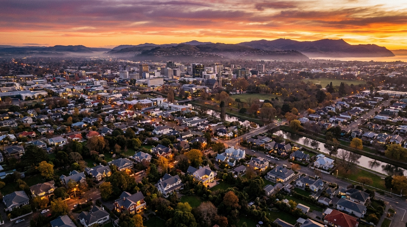 Aerial view of Christchurch city looking toward the Port Hills at dusk, residential accommodation with garden grounds in the foreground, golden winter light, New Zealand, ultra-realistic