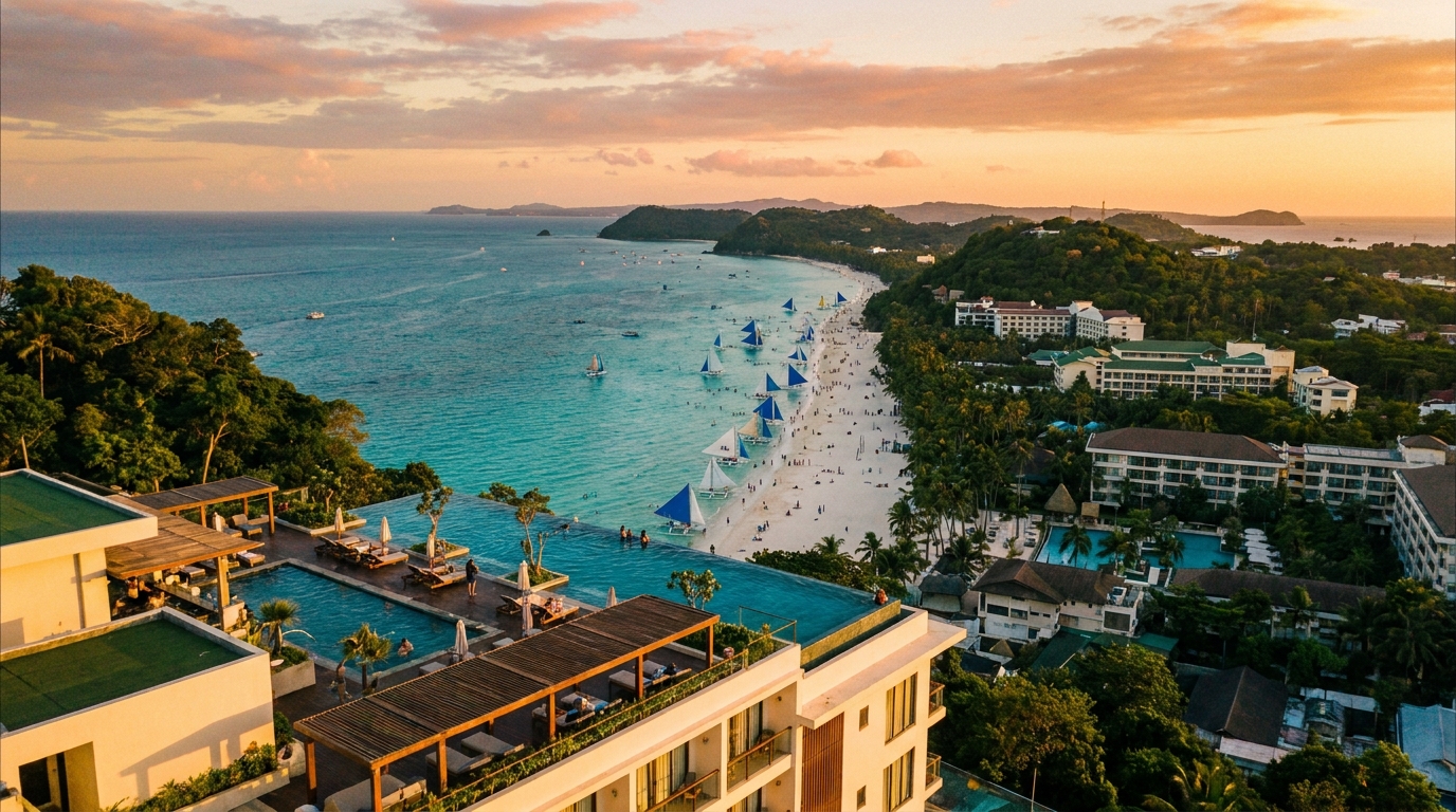 Aerial view of Boracay's White Beach at golden hour, turquoise water and white sand, luxury resort terrace in foreground, Philippines, ultra-realistic cinematic