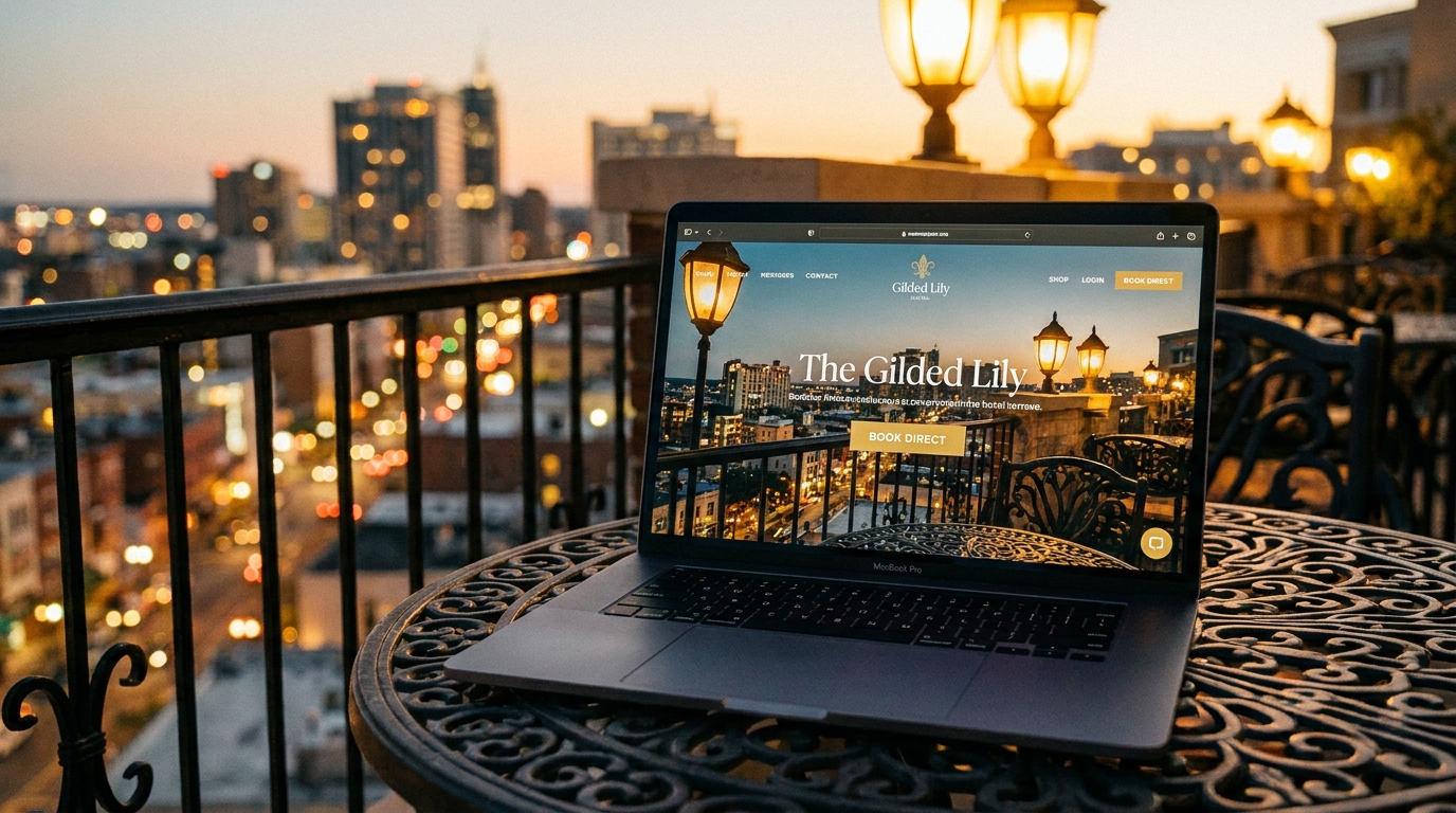 Cinematic shot of a laptop on a boutique hotel terrace at dusk showing a beautiful hotel website homepage with a Book Direct button, city lights bokeh in the background, warm golden tones