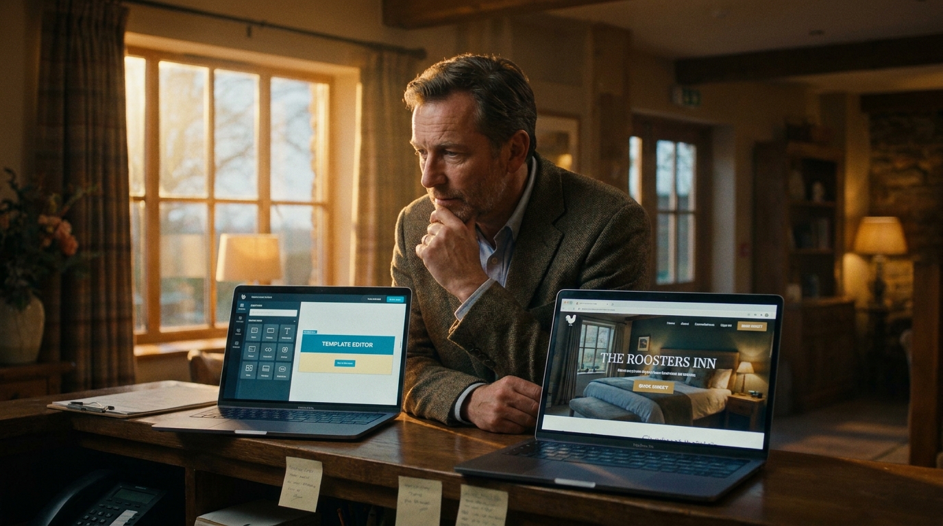 Cinematic shot of a hotelier at a front desk comparing two laptop screens, one showing a template website editor and one showing a custom hotel website with a Book Direct button, warm evening light -->