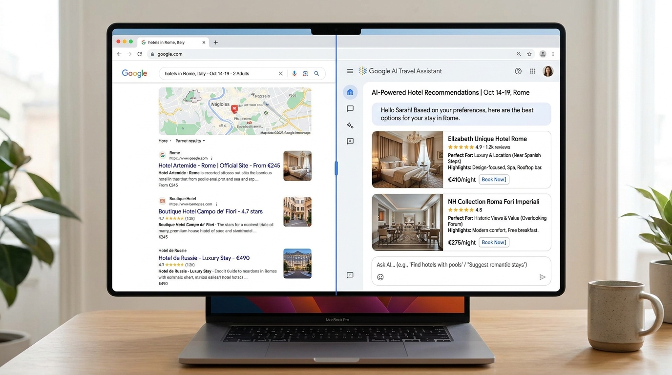 Split view of traditional Google search results on left and AI chatbot recommendation panel on right, hotel search comparison, clean minimalist design
