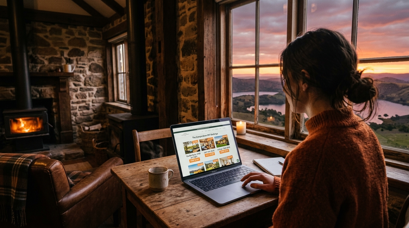 Hotel market analyst reviewing Camperdown and Warrnambool accommodation data on a laptop