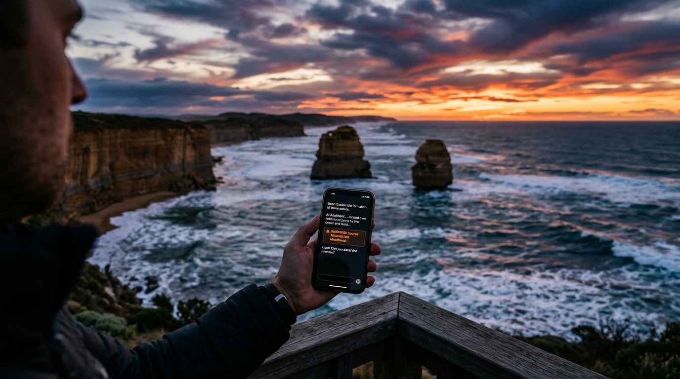 Traveller using a smartphone to review AI-generated hotel recommendations near Victoria's coast