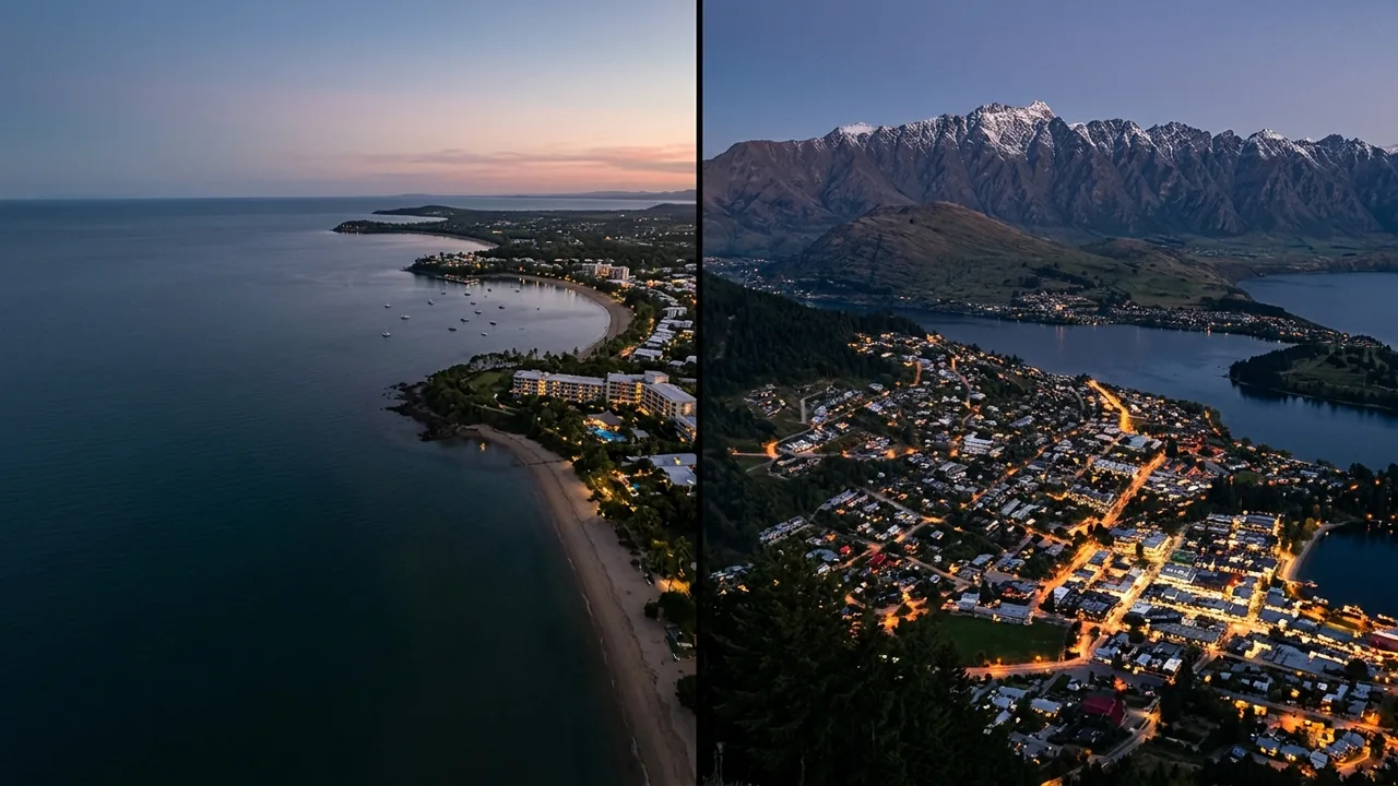 Split-horizon aerial of a Queensland coastline and a New Zealand alpine lake town at dusk, hotel lights glowing