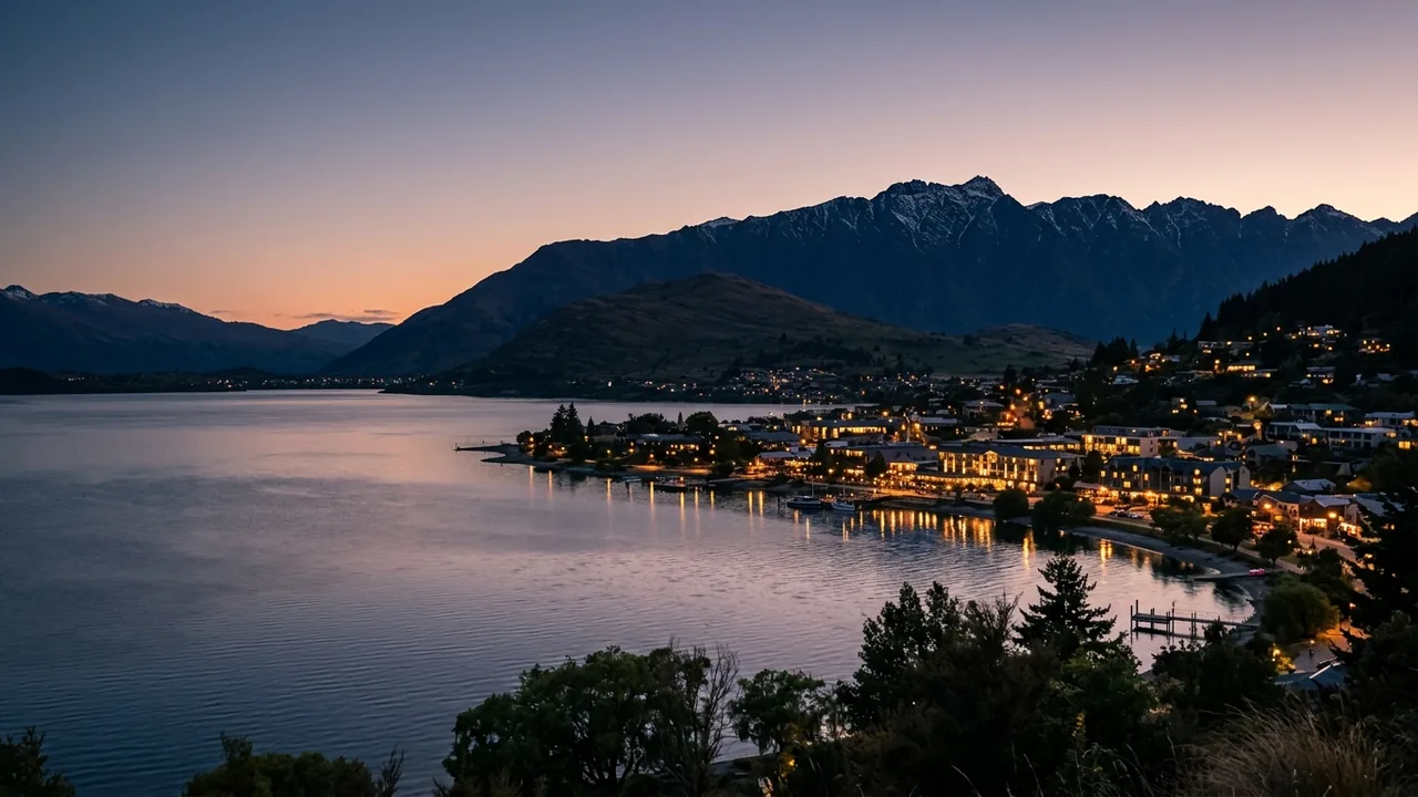 Wide dusk view of a South Island New Zealand town with lit hotel windows and the Southern Alps silhouetted behind