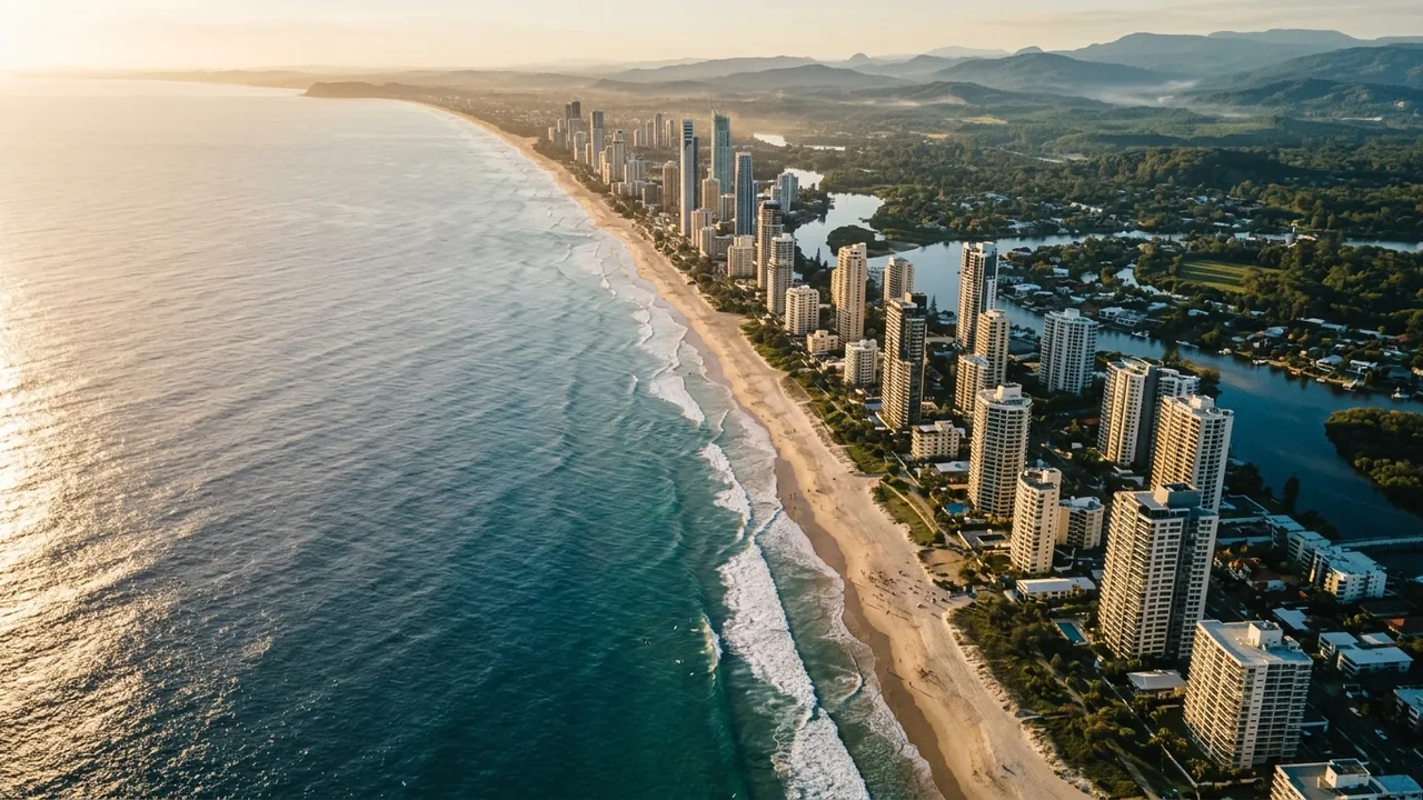 Aerial of the Queensland coast at golden hour, high-rise hotels along a surf beach fading into green hinterland