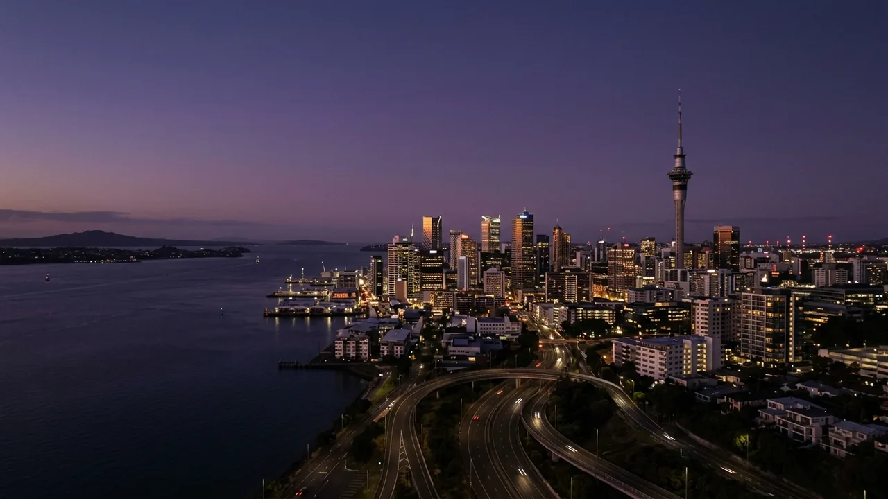 Dusk view across Auckland's CBD towers and the Waitematā Harbour, hotel windows lit warm gold