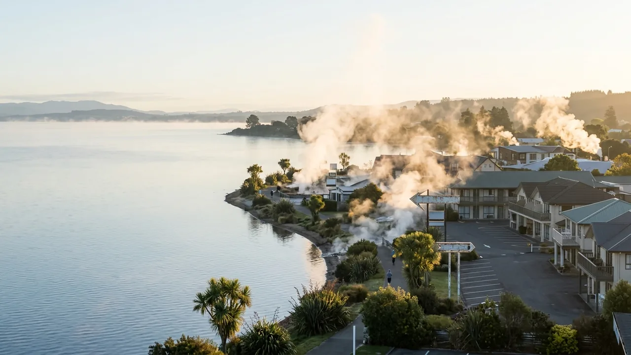 Early-morning view over Rotorua's lakefront and steaming geothermal vents