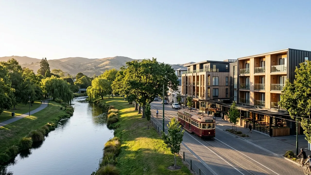 Morning view of central Christchurch, new low-rise hotels beside the Avon River, trams and tree-lined streets