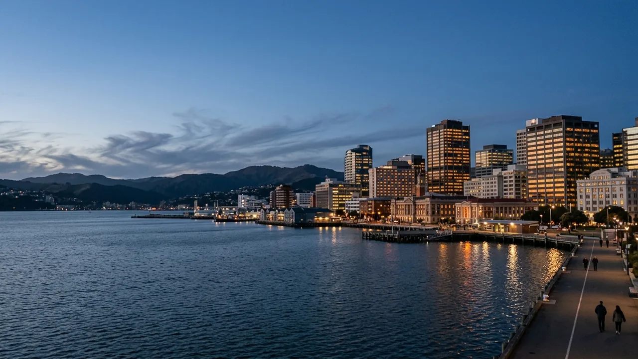 Early-evening view of Wellington's waterfront and CBD hotels, government buildings and harbour lights