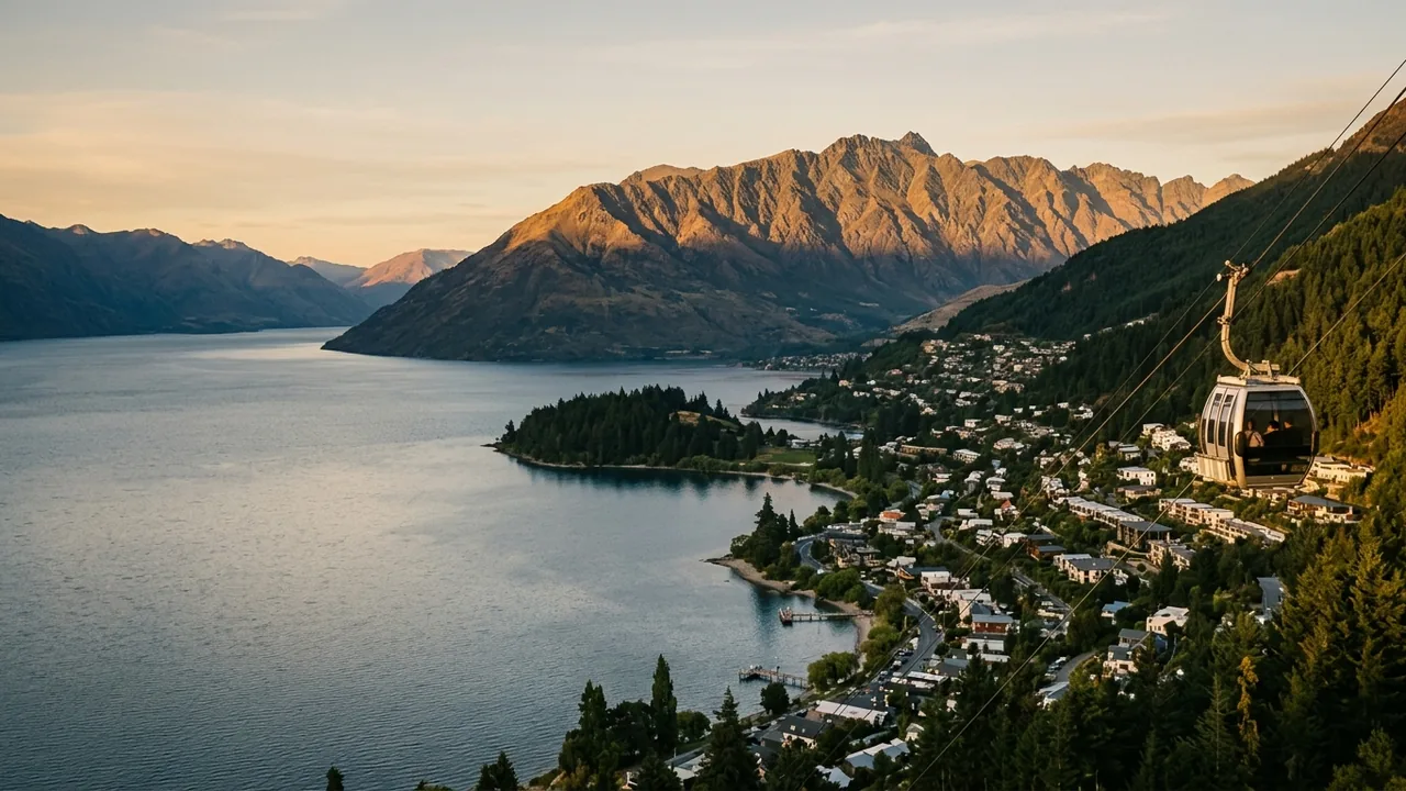 Late-afternoon view over Queenstown and Lake Wakatipu, hotels stepping up the hillside