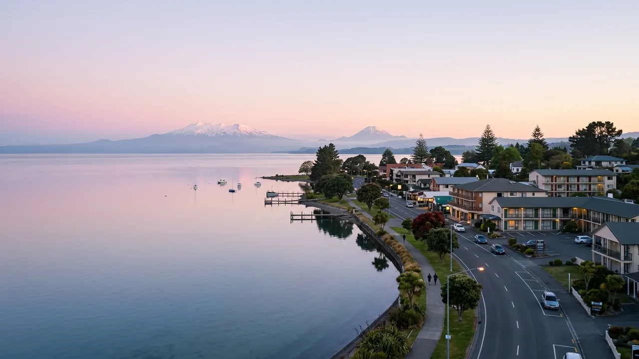 Dawn over Lake Taupō with motels and low-rise hotels along the lakefront road