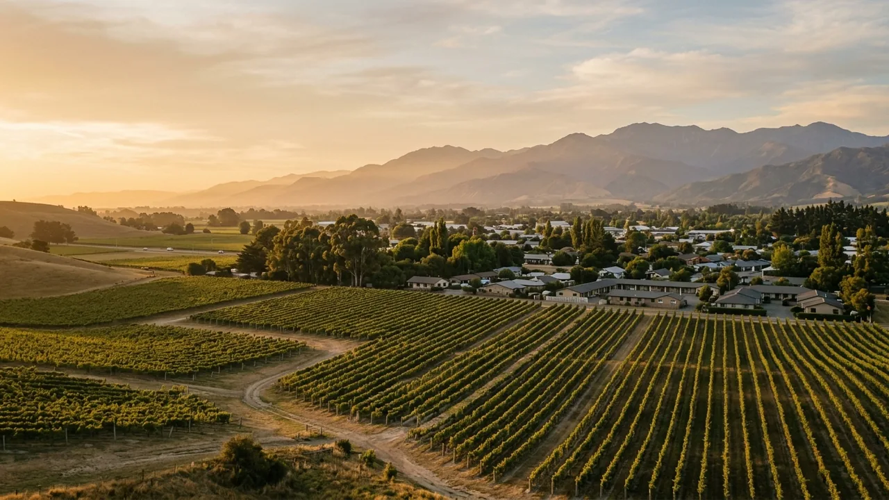 Golden-hour view across Marlborough vineyards towards Blenheim