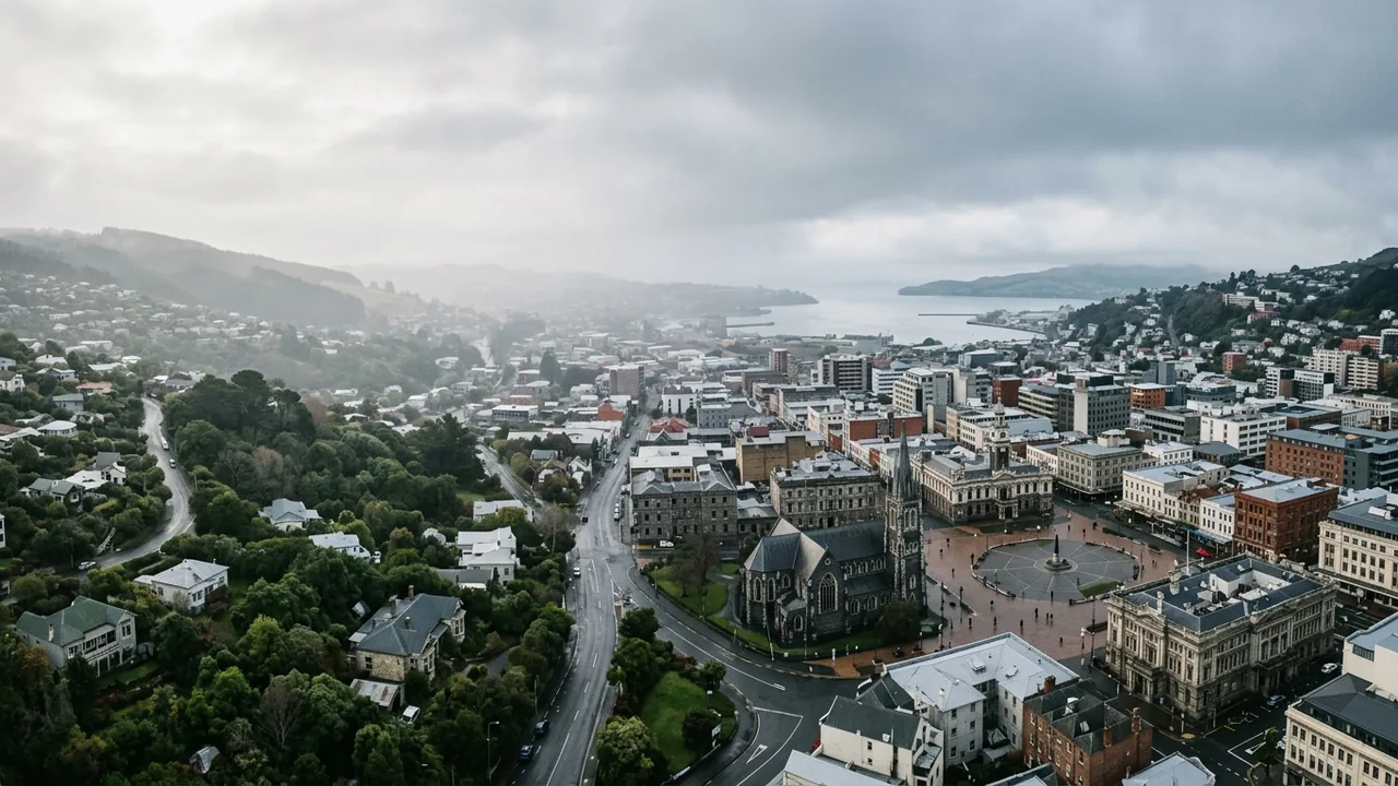 Overcast morning over Dunedin's Octagon and Victorian stone buildings