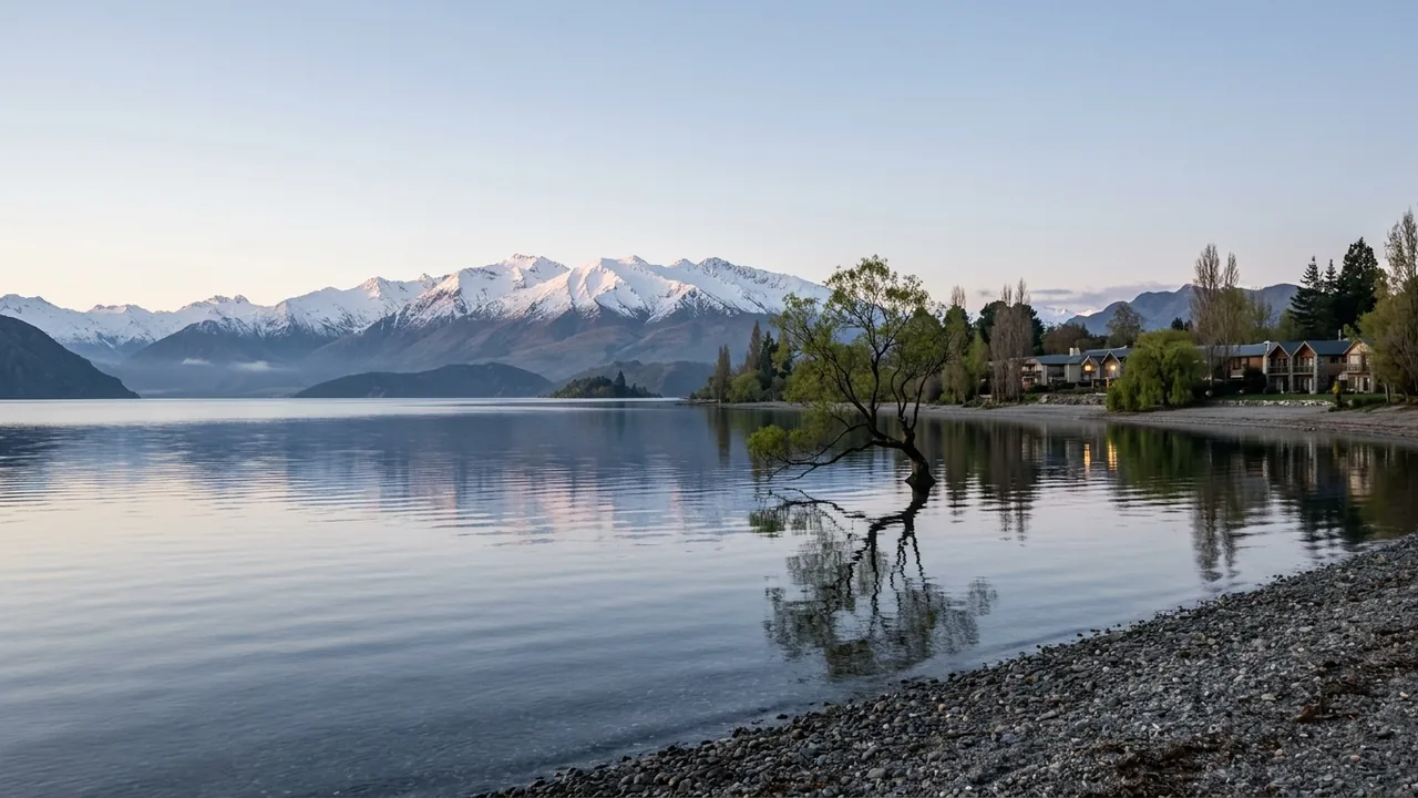 Calm morning on Lake Wānaka, a lone willow in the water, lakeside lodges and apartments along the shore