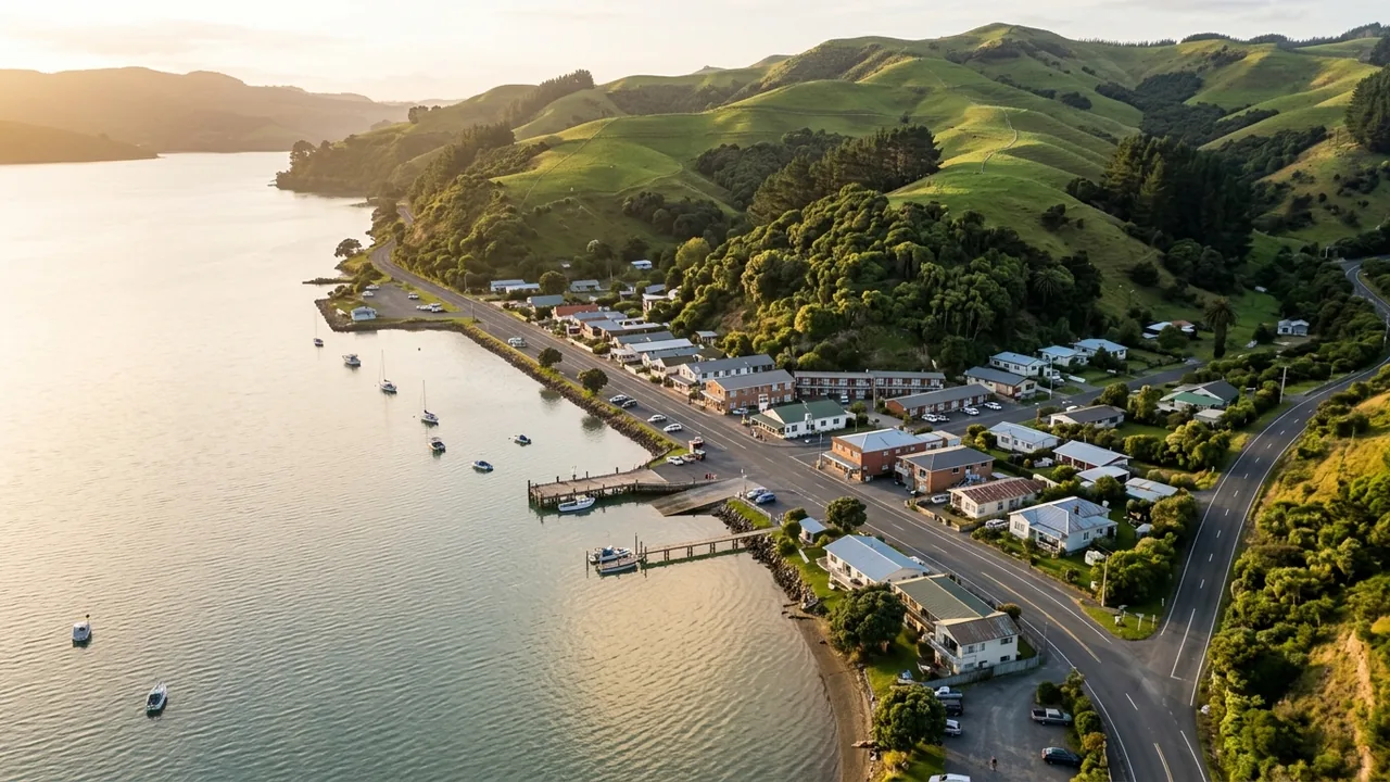 Aerial view of a small New Zealand harbour town at golden hour, motels and a main street beside the water