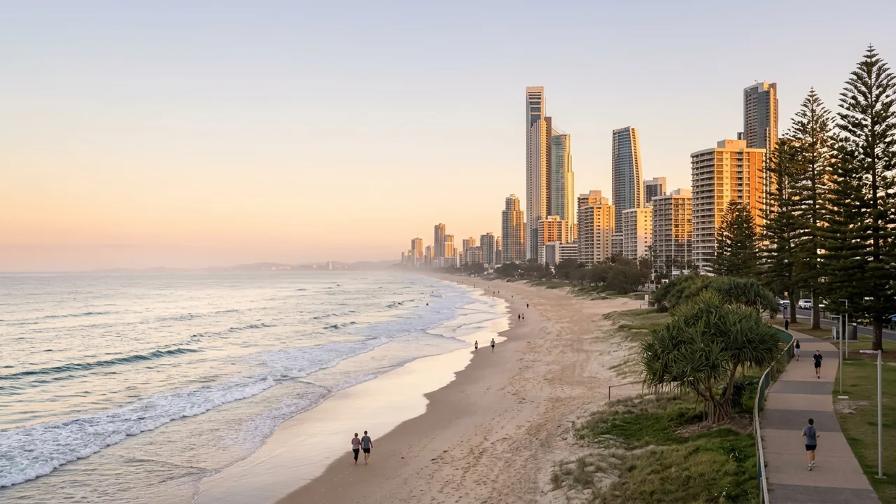 Golden-hour view along the Gold Coast beachfront high-rises with surf and a quiet esplanade on a November Friday